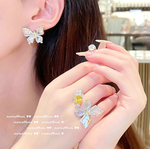 Cinderella goose yellow sapphire butterfly ring Baroque 18K gold plated irregular zircon shell butterfly earrings