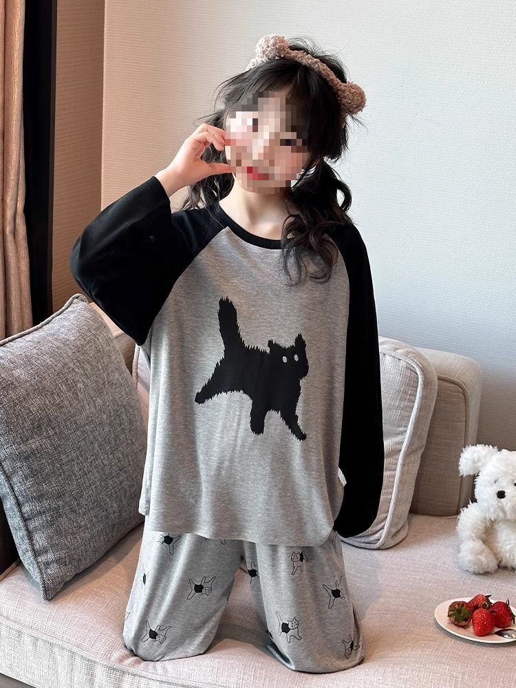 Niños moda pijamas niñas primavera y otoño delgada ropa de hogar de mangas largas ropa de aire acondicionado de niñas dos juegos