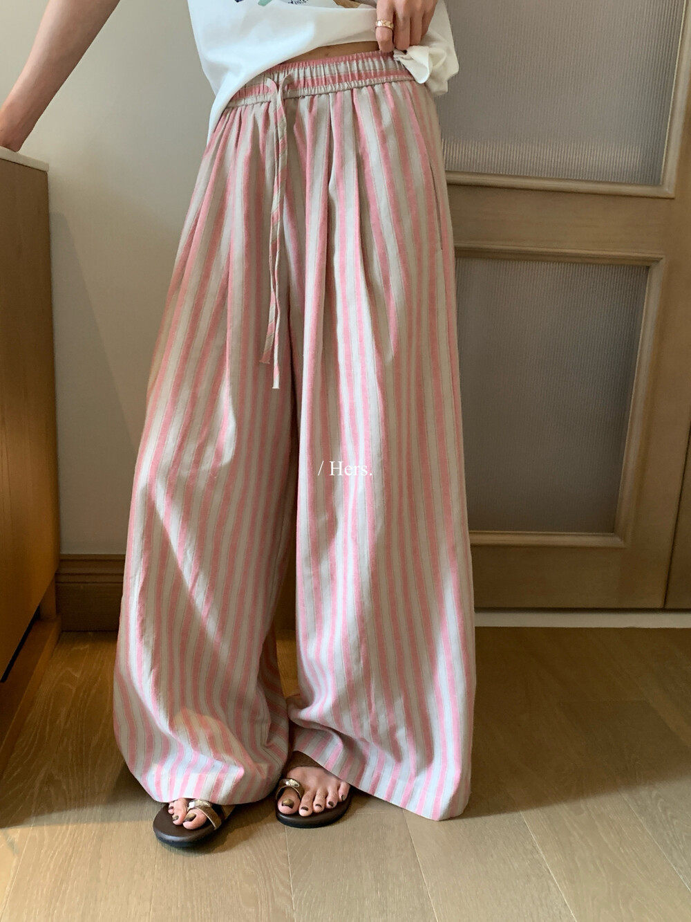 Quần culottes nữ ống rộng cạp cao sọc kẻ dáng dài suông rộng phong cách thư giãn — màu hồng chi tiết 6
