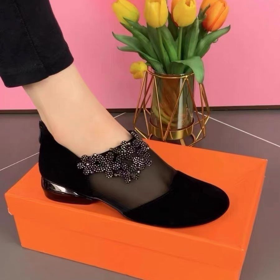 Versión coreana de comercio exterior de gran tamaño malla de tacón grueso zapatos individuales transpirables mujer 2022 nueva malla hueca diamantes de imitación sandalias Baotou