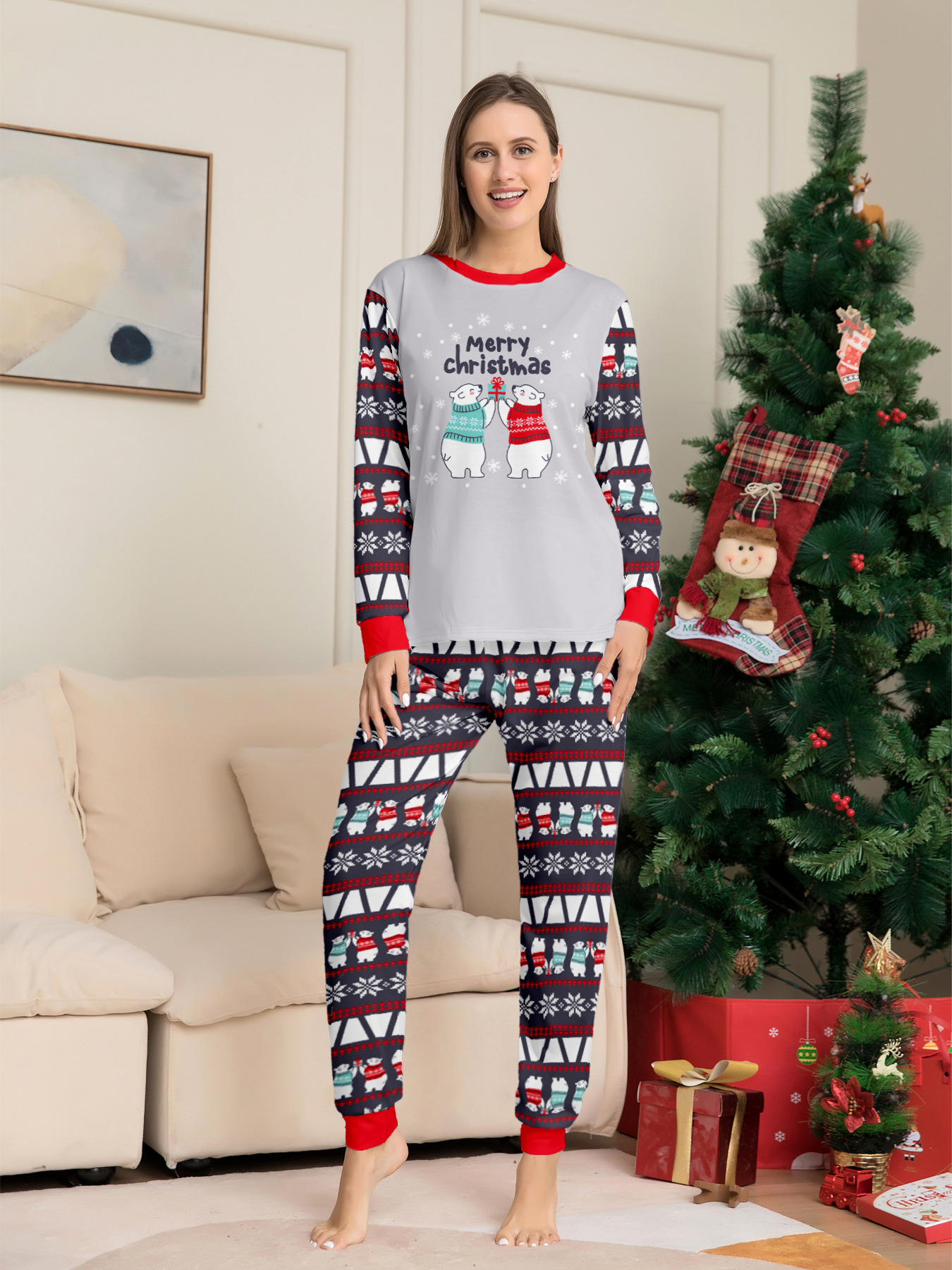 Pijama de natal a combinar para família com urso e flocos_voghion.com