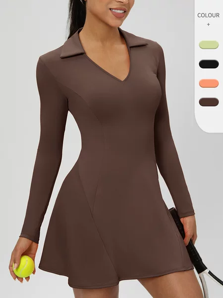 Autumn European and American Long-Sleeved Lapel Tennis Skirt Quick-Drying Waist Slimming Look Sexy V Neck Sports Casual Dress 52568