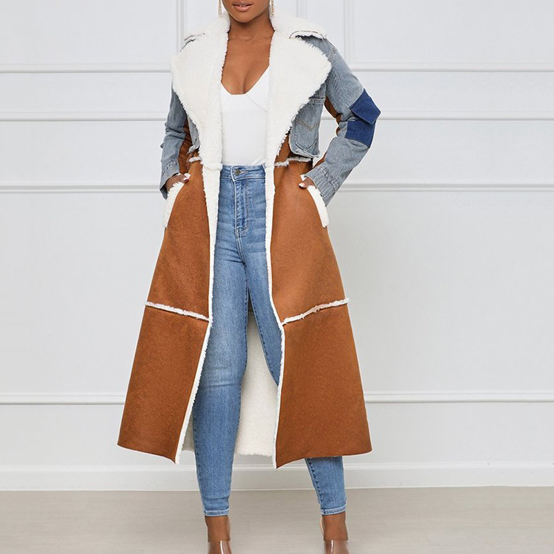 Primavera nueva chaqueta acolchada de algodón europea y americana 2024 solapa grande cintura encaje-up costura Denim largo abrigo de lana de cordero