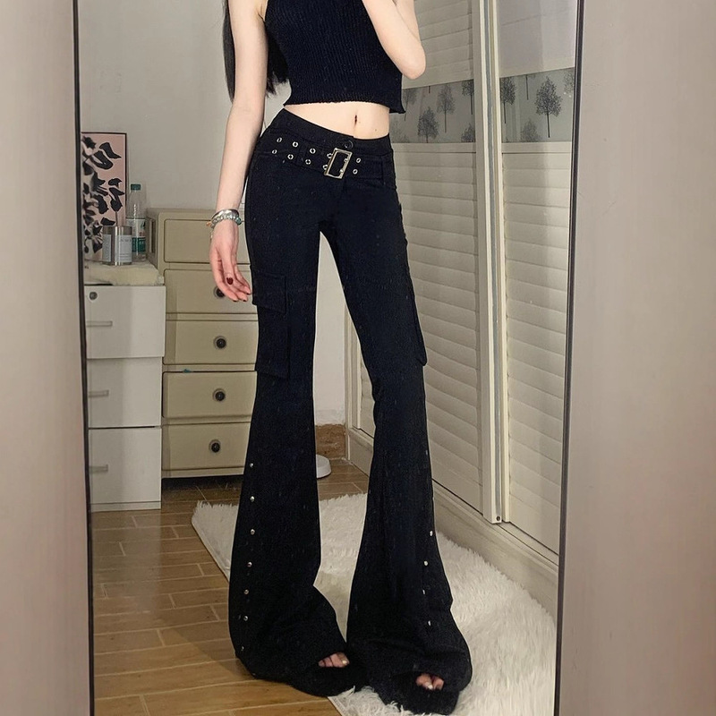 Black Flared Jeans for Women, Spring and Autumn Style, Low-Waist, Trendy Design, Rivet-Studded, Slim-Fit, Bootcut Pants