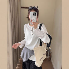 秋季新款韩系纽扣半开门襟白色长袖T恤女宽松慵懒设计感上衣2127