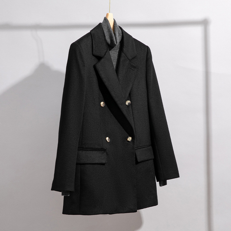Luxury Black Double-Breasted Pure Cashmere Blazer for Women, High-End Autumn and Winter Fashion
