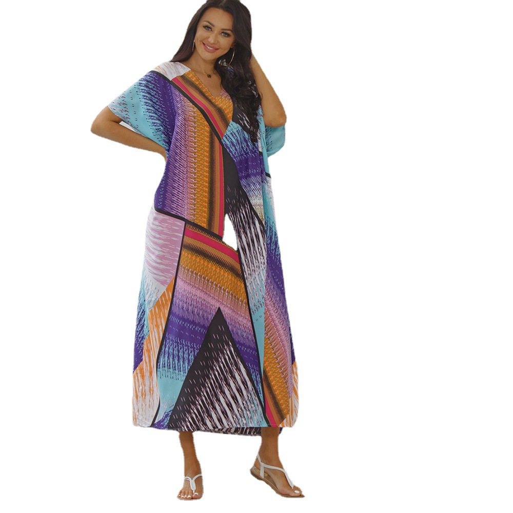 Blusa de playa colorido flor bloque de impresión vacaciones traje suelto bikini ropa de protección solar transfronteriza 5D27