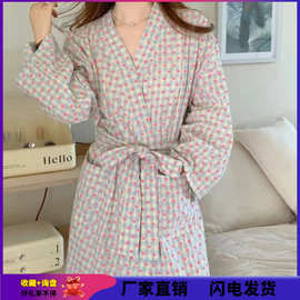 日系和服睡袍浴袍女长袖春秋薄款长款睡裙爱心格子睡衣家居服冬天