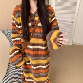 韩版连帽长款毛衣女撞色条纹直筒针织气质软糯慵懒风复古连衣裙女