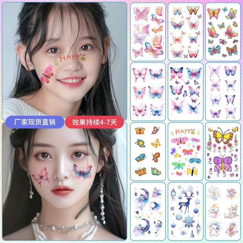 Glitter mariposa cara pegatinas tatuaje pegatinas hadas lavable impermeable de larga duración lindo unicornio ciervo Luna Estrella Planeta