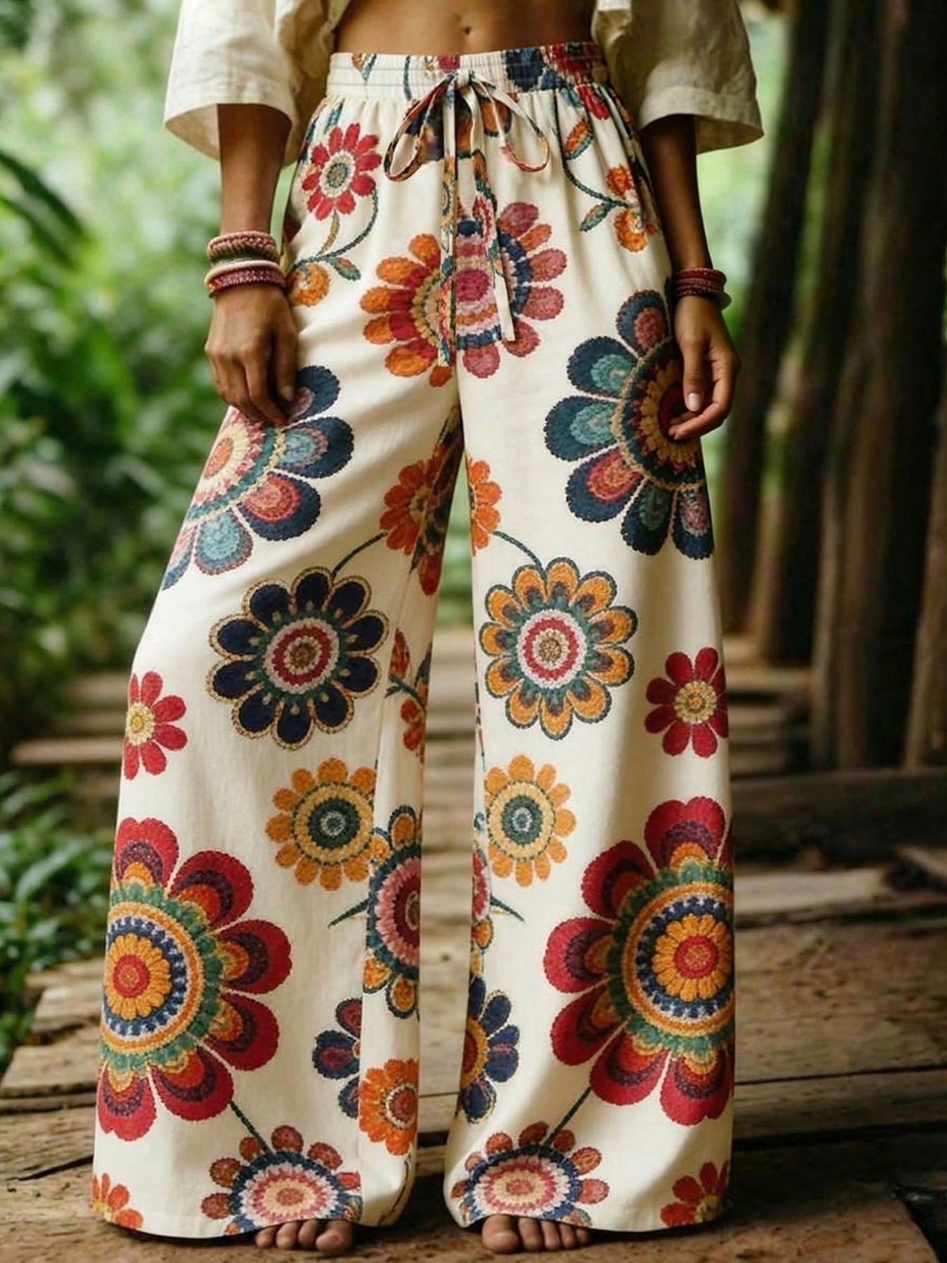 Pantalón Ancho Casual Estampado de Poliéster y Spandex Retro Ligero para Playa image 7