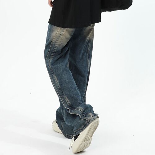 2025 Men's American-Style Heavyweight Patchwork Design Jeans: Loose Fit, High-Street Wide-Legged, Flowing Straight-Leg Trousers—Trendy