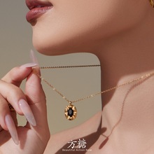 方糖法式椭圆形雕刻纹立体黑色锆石吊坠个性保色不锈钢不掉色项链