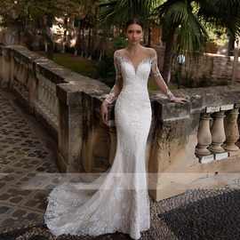 婚纱礼服2025春夏长袖露背鱼尾拖尾暴扣外贸复古显瘦长袖礼服裙