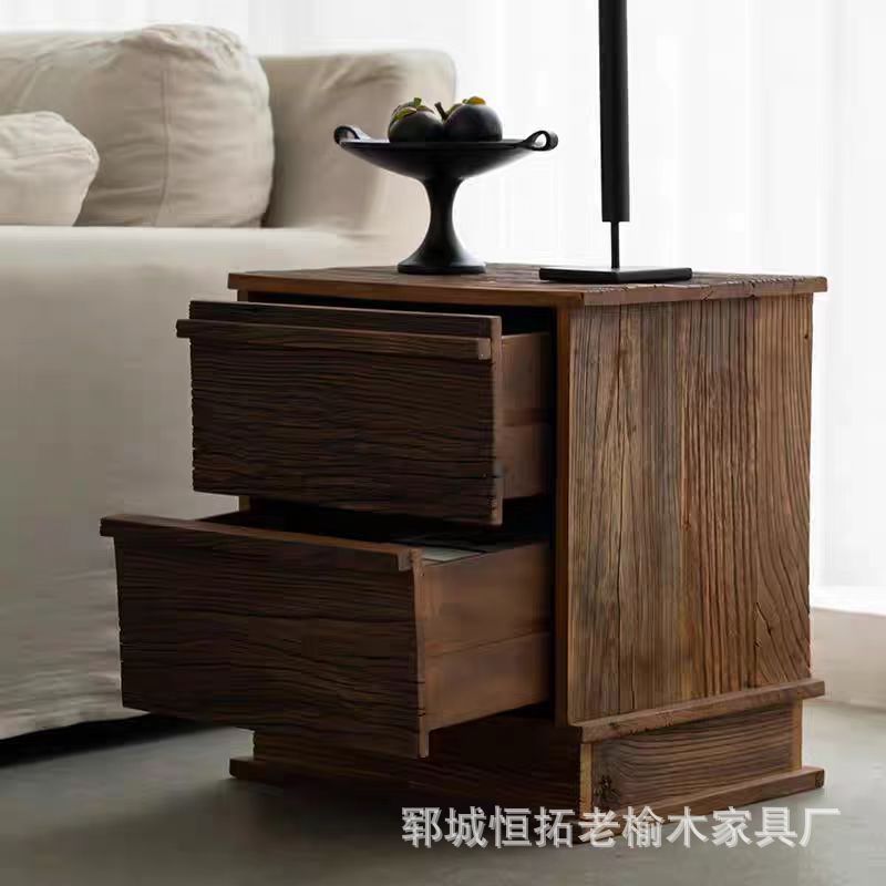 Wabi-Sabi Style Old Elm Bedside Table B&B Hotel Bedside Table Double-Layer Storage Cabinet Bedside Table Log Low Cabinet
