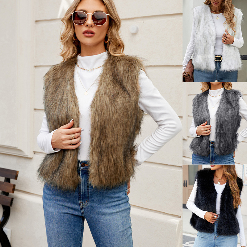 F0598 European and American Export V Neck Short Women's Imitation Fur Jacket Vest Top Artificial Fur Vest New Product