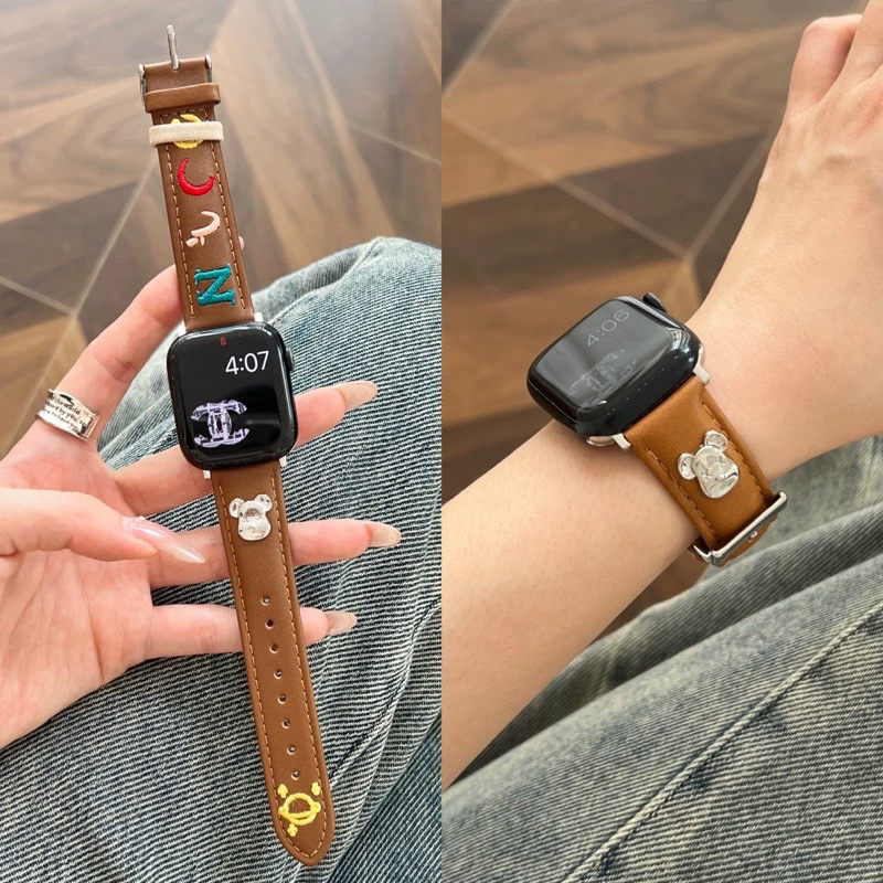 Кожаный вышитый ремешок Bear Letter для iWatch S10, совместим с Apple Watch 1–9, новый стиль SE, кожа, Xiaomi 8/9PRO