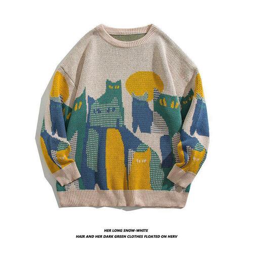 Japanese retro checkered heart crew neck sweater for men and women,ins loose student trendy brand couple lazy style knitwear