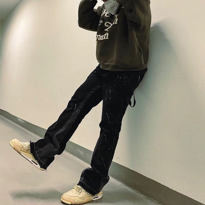 Galería de moda americana dept agujeros de tinta pantalones vaqueros vibe viento hombre rectos sueltos pantalones altos