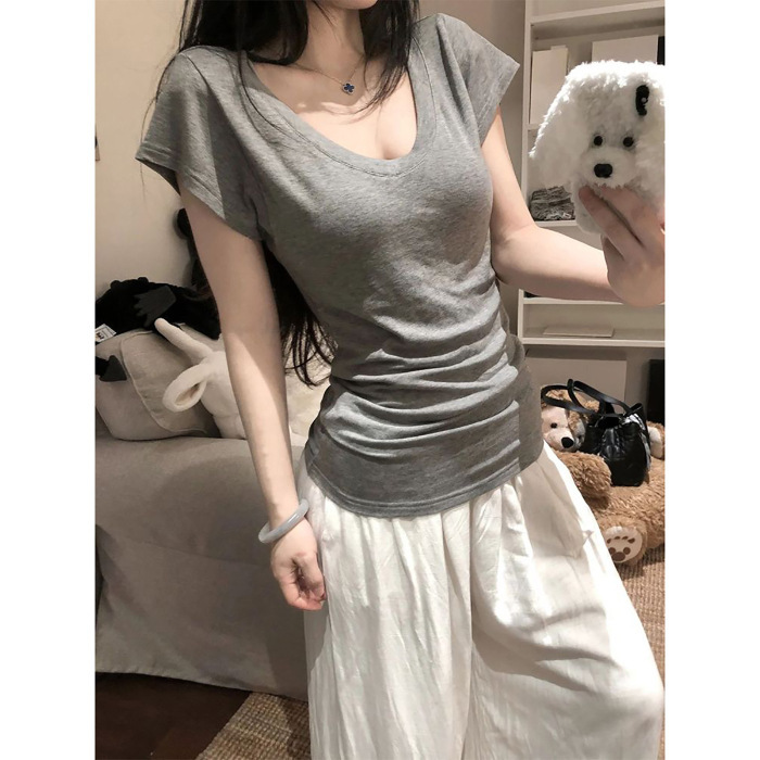 灰色V领垂感收腰正肩短袖T恤女夏季松弛感慵懒风基础修身显瘦上衣|undefined