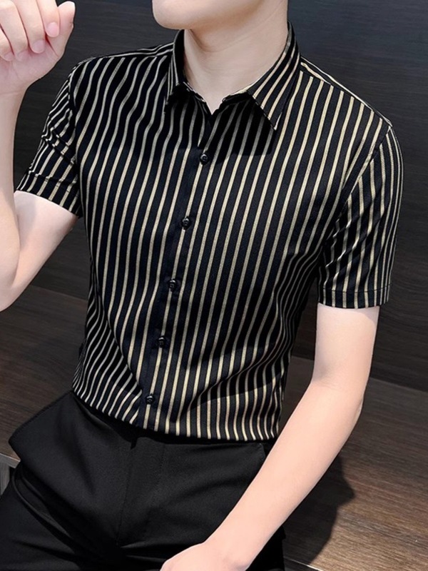 夏薄いハイエンドストライプ半袖アイスシルクシャツメンズ新しいファッショントレンディなブランド紳士服ビジネススリムシャツ|undefined