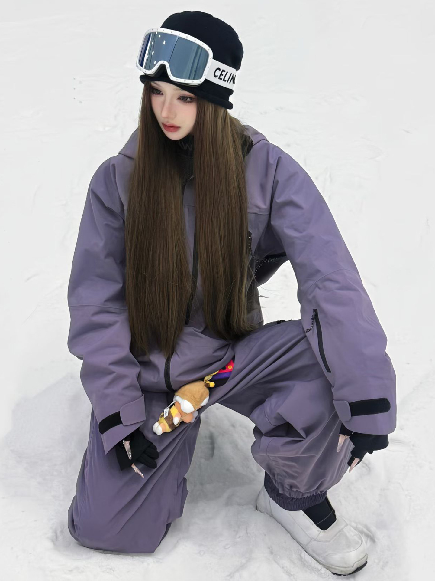 Trajes de esquí de estilo púrpura de estilo fresco, trajes de esquí para hombres y mujeres, pantalones de nieve a prueba de viento y agua profesionales de dos piezas.