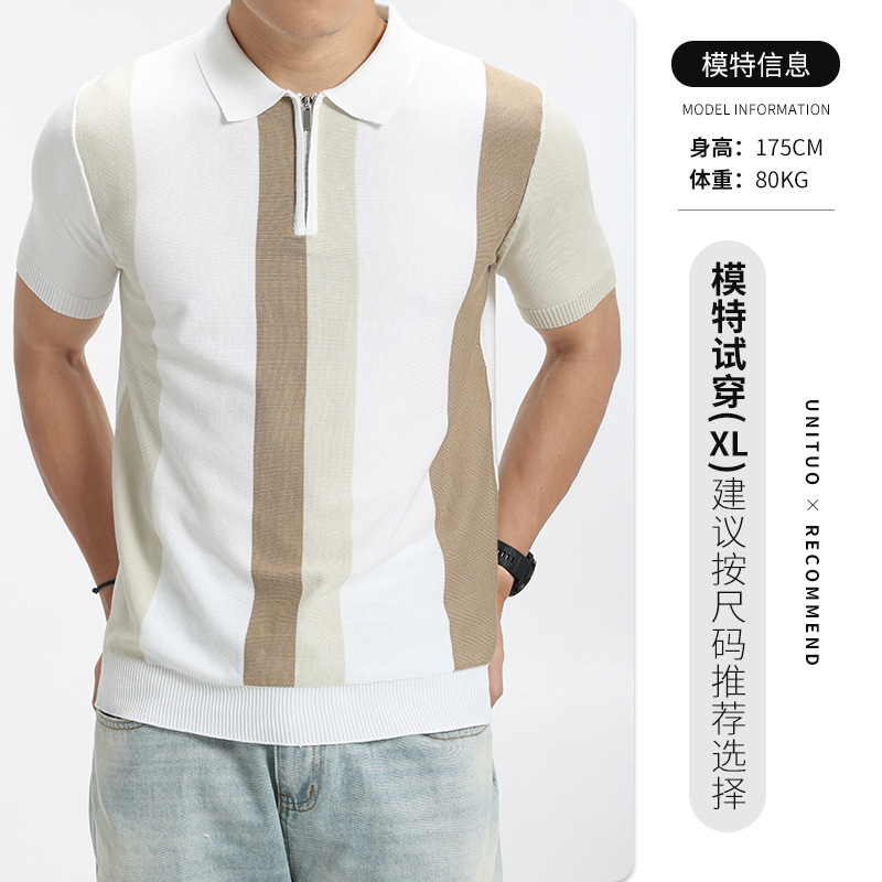 Hombres Europeos y americanos a rayas polo de punto hombre lujo ligero de alto nivel con solapa casual de manga corta con camiseta de cuello de hombre
