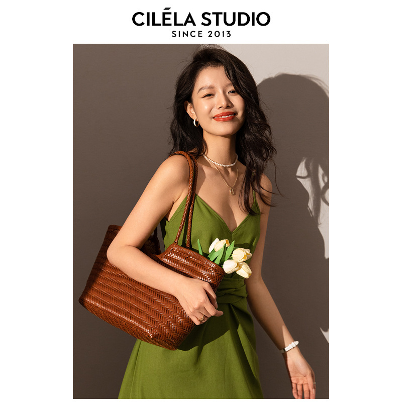 Hand-Woven Genuine Leather Basket Bag, Large Capacity Tote Handbag & Shoulder Bag For Women, Summer Vacation Underarm Bag - Thumbnail 6