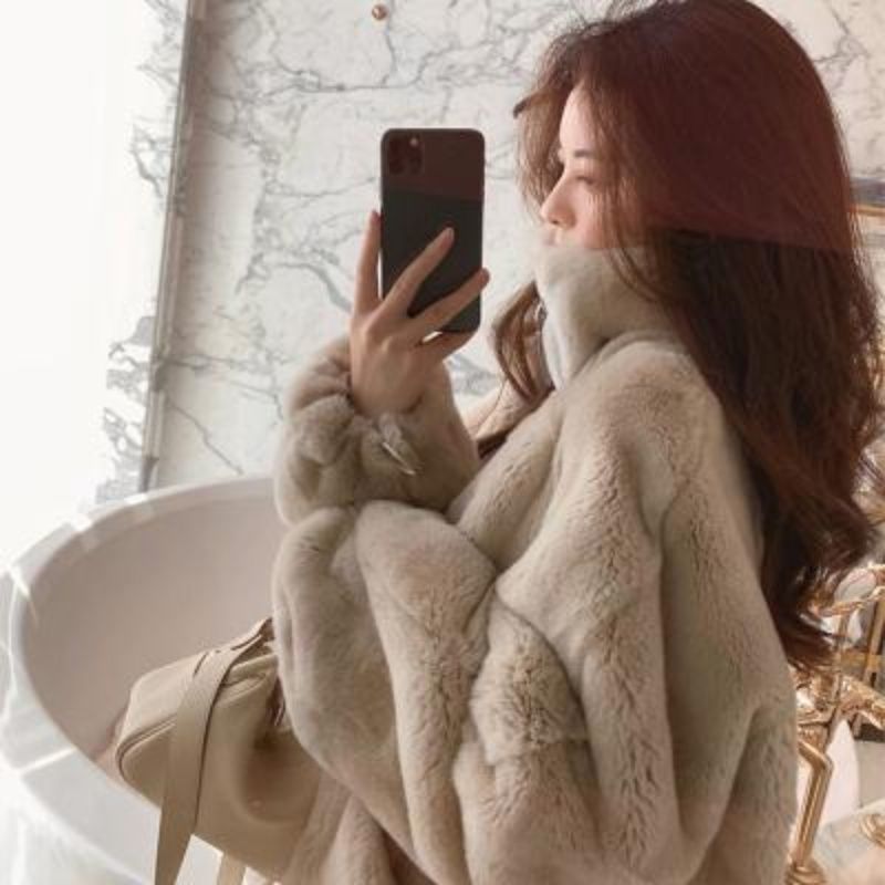 Abrigo de piel sintética de estilo coreano para mujer Otoño e Invierno suelto de piel de conejo Rex forrado de lana engrosado cuello de pie con cremallera suéter de felpa todo partido