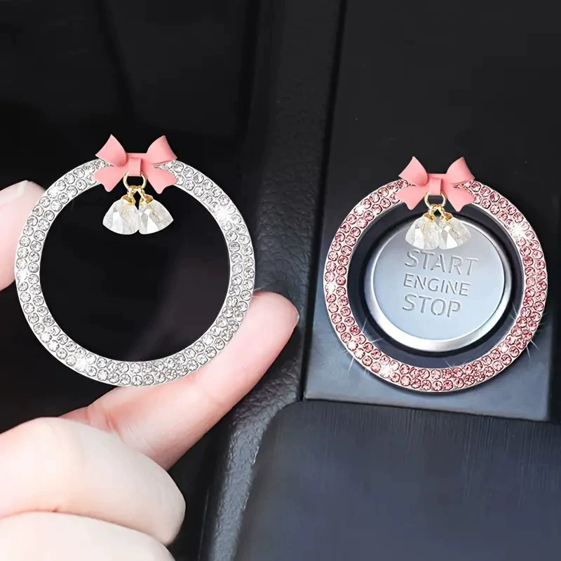 Декоративная наклейка для автомобиля с функцией запуска одним нажатием, модный кристальный колокольчик с алмазным бантом, кольцо зажигания для женщин.