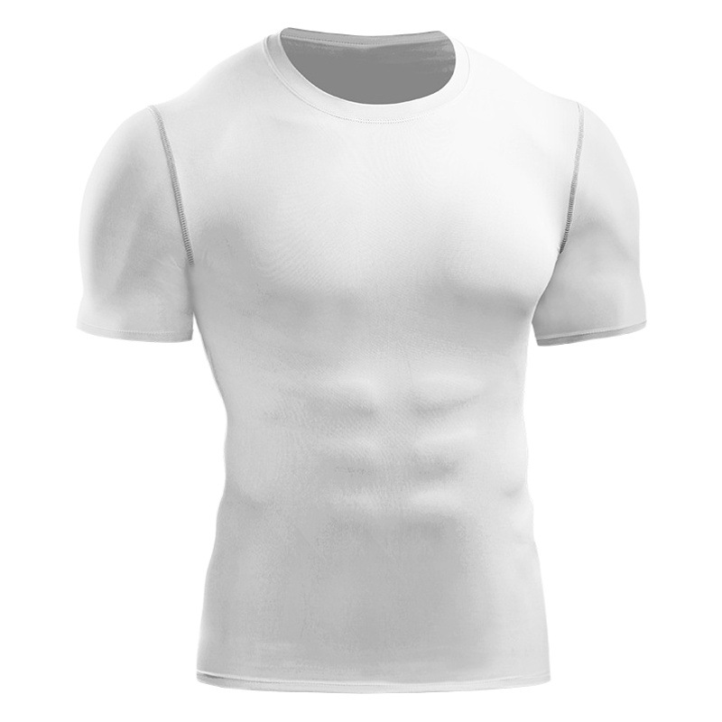 Camiseta deportiva de manga corta para hombre, corte ajustado, media manga de verano, color liso blanco y negro, camiseta ajustada de alta elasticidad.