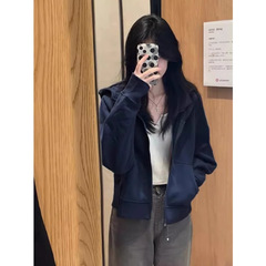 【華綿複合320グラム】ショートコートの女性春と秋のゆるいスポーツカジュアルカーディガンの帽子