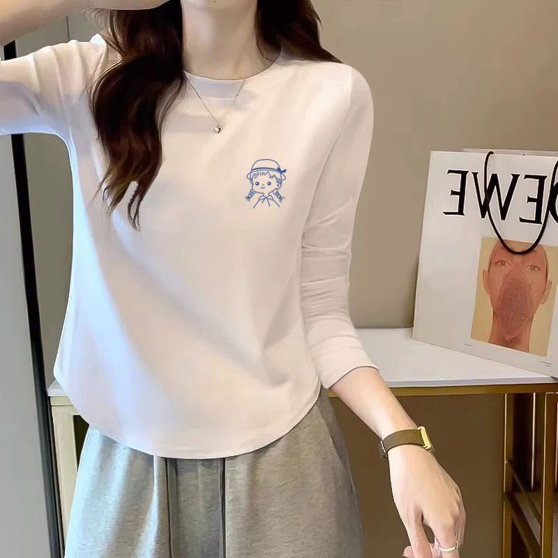 螺纹棉长袖t恤女春秋季新款百搭小众设计感下摆弧形打底衫上衣女|undefined