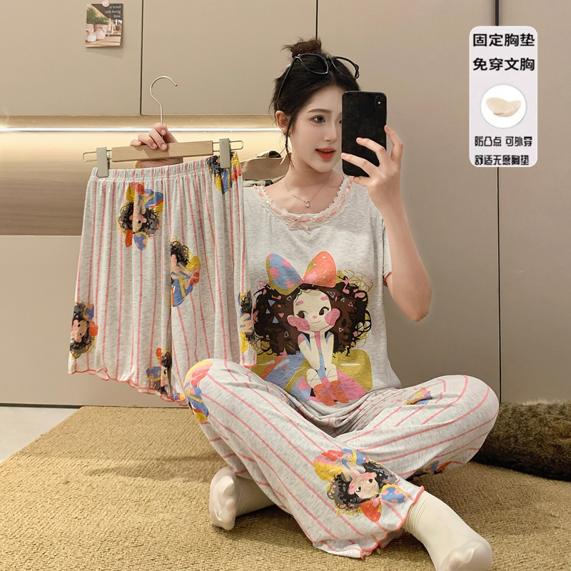 Pijamas de algodón modal para niñas dopamina, pantalones de manga corta de verano para mujer, lindo traje de tres piezas con almohadilla para el pecho, servicio a domicilio