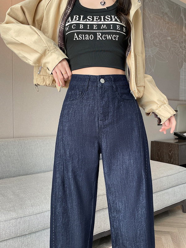 丹宁蓝卷边哈伦牛仔裤女秋季2025新款高腰宽松显瘦九分萝卜直筒裤|undefined