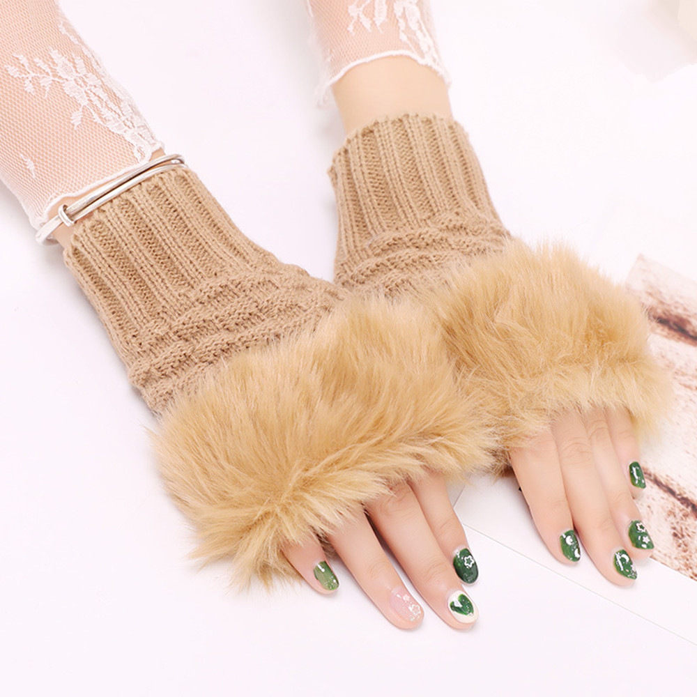 Gestrickte Fingerlose Pelzhandschuhe Für Damen Für Den Winter_voghion.com