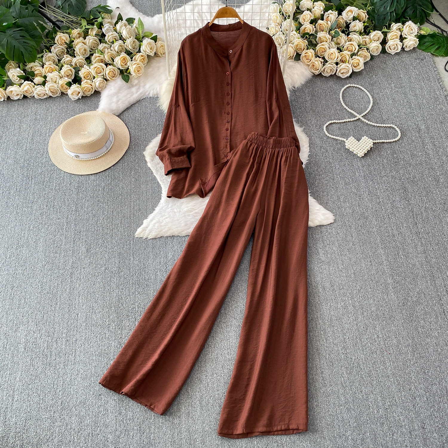 Mambo Mint Green Women's Clothing Set Refreshing Skin Friendly Breathable Loose Fitting Long Sleeved Shirt Jacket with High Waisted Wide Leg Pants_ecoleips.com