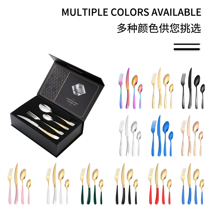 Nuevo Amazon Venta caliente vajilla de acero inoxidable 24 piezas traje estrella diamante cuatro piezas principales comida occidental caja de regalo cuchillo, tenedor y cuchara traje