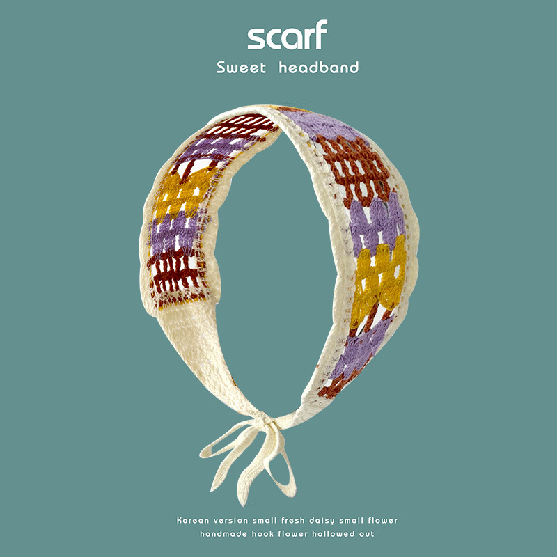 Nuevo colorido estilo étnico hecho a mano de ganchillo tejido banda de pelo de ala ancha estilo pastoral retro de las mujeres banda de pelo bolsa pañuelo sombrero