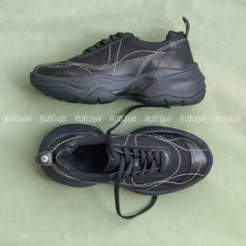 oaol复古松糕增高厚底系带老爹鞋车线运动休闲帆布拼皮全黑女鞋子