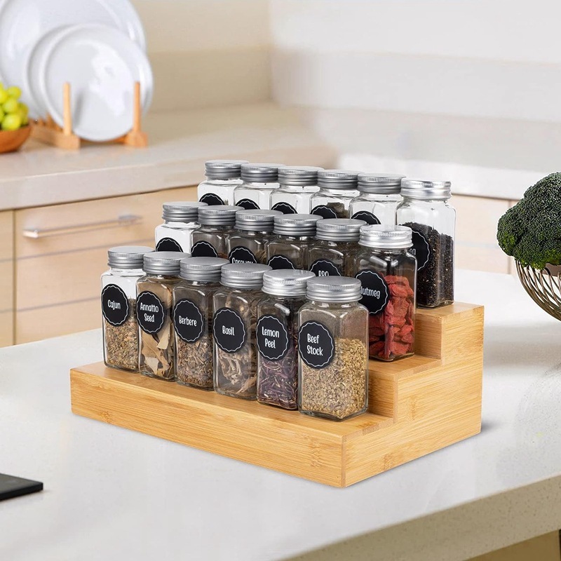 Simple kitchen countertop multi-layer bamboo seasoning rack for household step three-layer wood spice display storage rack