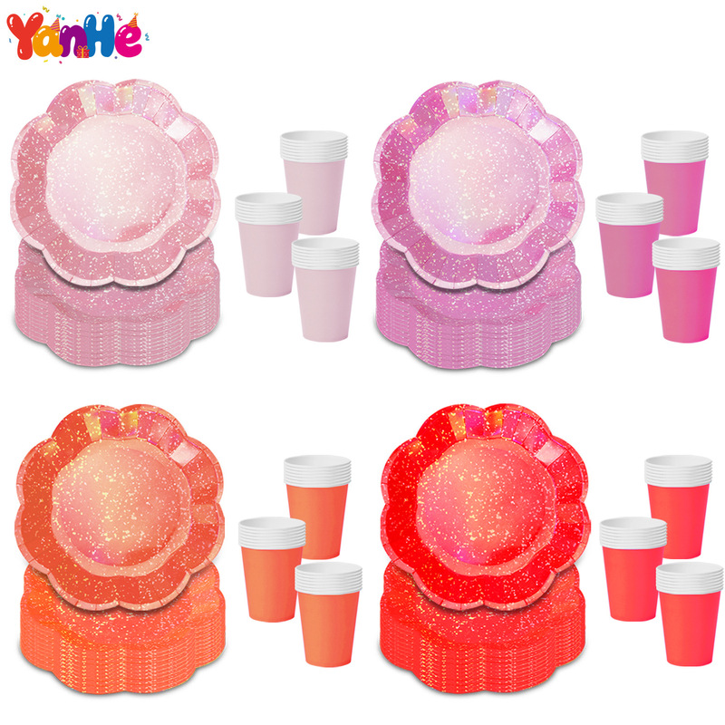 Cross-Border Disposable Laser-Cut Irregular Wave-Edge Paper Plates, Paper Cups, Paper Napkins, Tableware Set for Children's Party Birthday Decoration