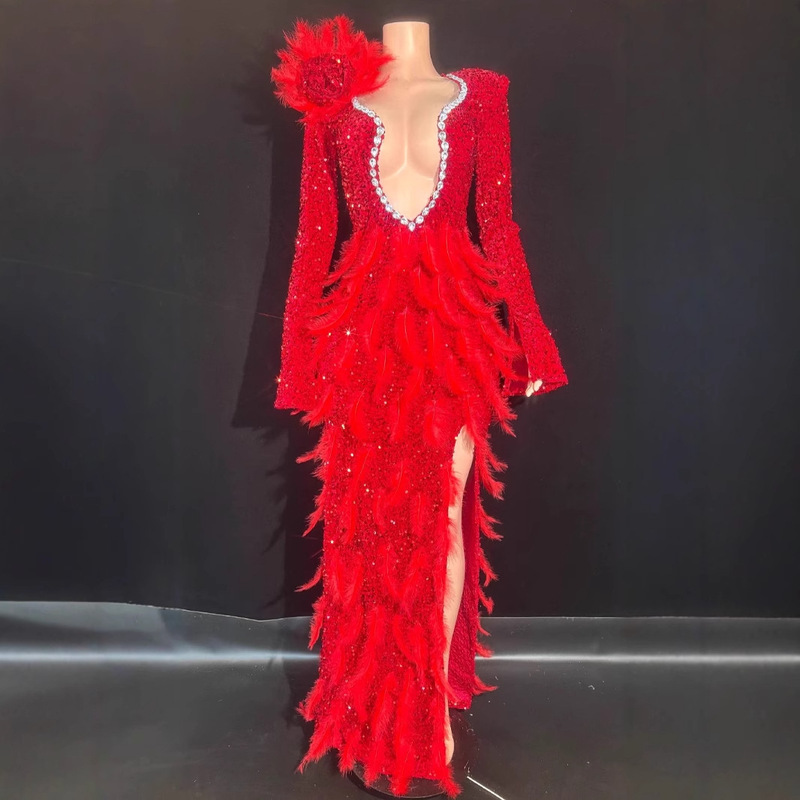 New 2025 Cross-border European and American Sparkling Rhinestone Feather Ball Birthday Party Dress Red Sexy Performance Dress