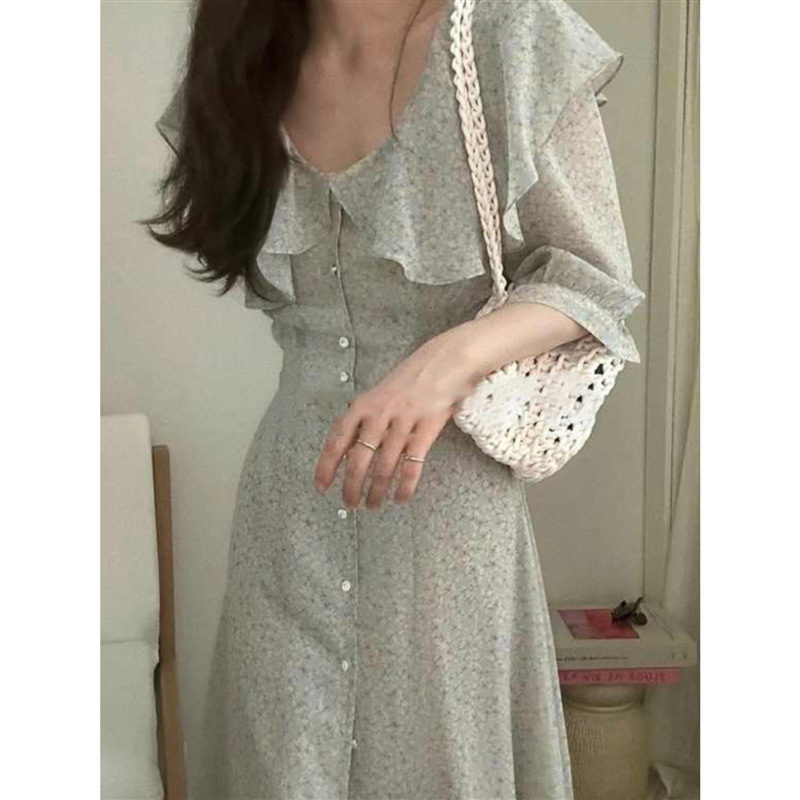 South Korea's Dongdaemun Imi*Syou Lotus Leaf Collar Floral Elegant Slimming Gentle Sweet Lace-Up Long Dress