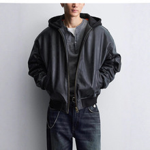 Z家2025冬季新款男装宽松拼接连帽仿皮夹克棉服厚外套8491706 800