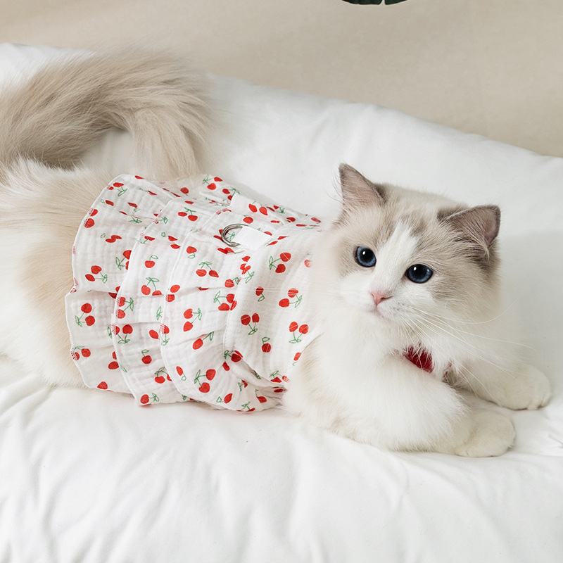 Gato primavera verano cereza dulce vestido gasa transpirable perro cabestrillo ropa de gato Teddy mascota falda de perro