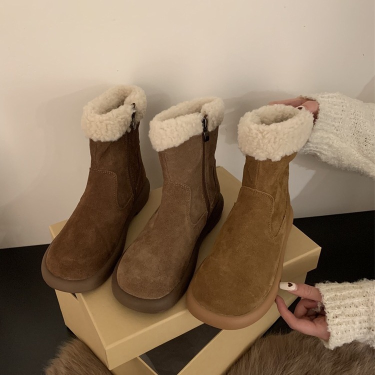 두꺼운 밑창 가을과 겨울 기모 스노우 부츠 여성 신발 2023 새로운 따뜻한 눈화 신발 모피 신발 정품 가죽 짧은 부츠