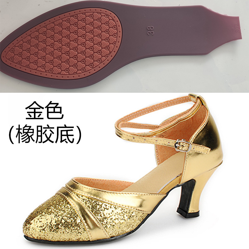 Nuevos zapatos de baile latino adultos mediados talón zapatos de baile de fondo suave zapatos de baile de las mujeres zapatos modernos de baile cuadrado flash lentejuelas de oro