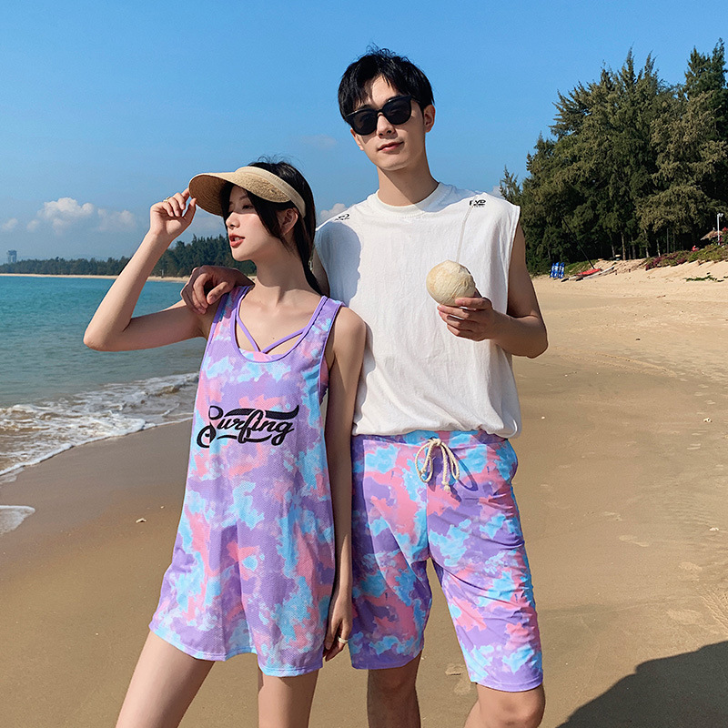 새로운 커플 수영복 패션 캐주얼 스포츠 스플릿 비키니 쓰리피스 여성 수영복 남성용 비치 팬츠