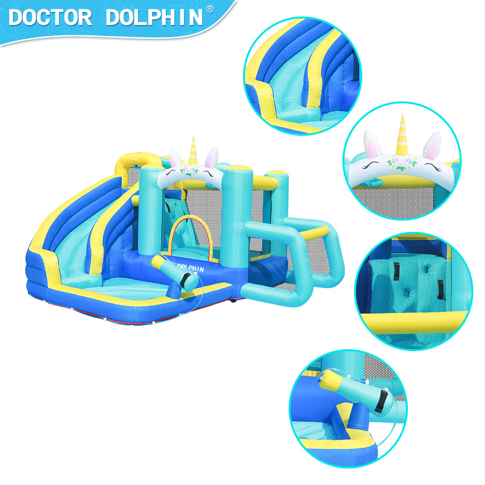 Dr. Dolphin | Parque acuático pequeño para niños, tobogán de castillo inflable para niños en casa, tobogán de agua combinado, cama de salto